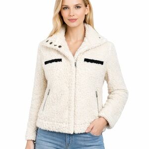 Thread & Supply Cream Fuzzy Sherpa Moto Jacket Snap Up Pockets Cozy Chic Size S